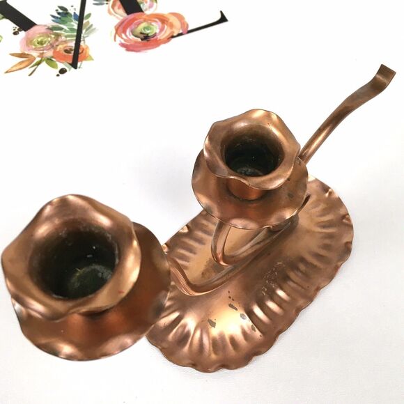 Gregorian Mid Century Copper Double Cup Candle Holder Arts & Craft Style Signed - Picture 7 of 8